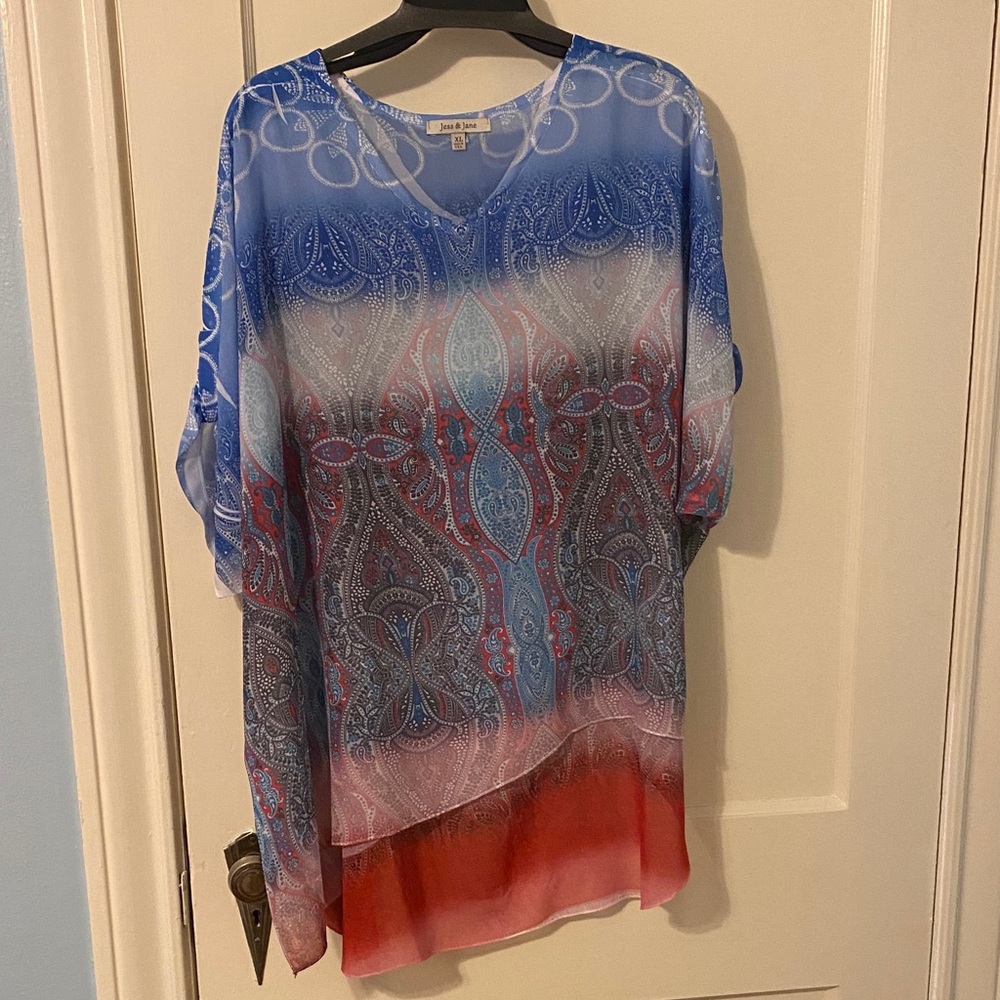 Blue & Red Printed Sheer Blouse - Women